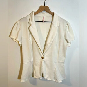 Moa White Shirt Sleeve Peplum Blazer Top Sz 2XL Style #108 Gold Button Made USA